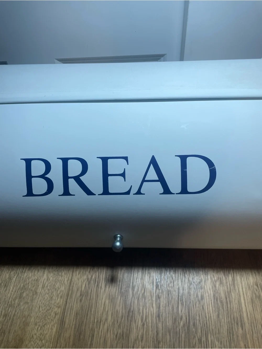 White Metal Roll Top Bread Box Blue Lettering Farmhouse Kitchen Storage
